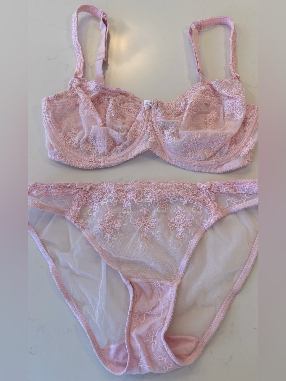 Felina Sheer Lace Embroidered Underwire Bra & Panty Set - Light Pink